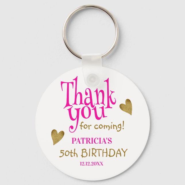 Trendy Gold 50th Birthday Pink Thank You Favour    Key Ring (Front)