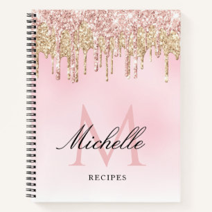 trendy gold and pink glitter monogram recipe book