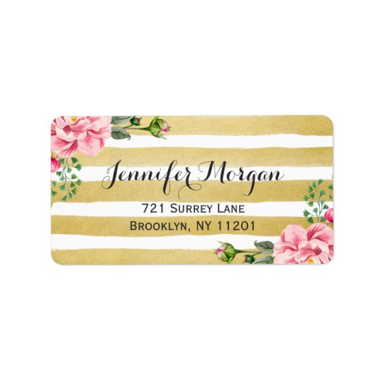 Trendy Gold and White Stripes Watercolor Floral Address Label