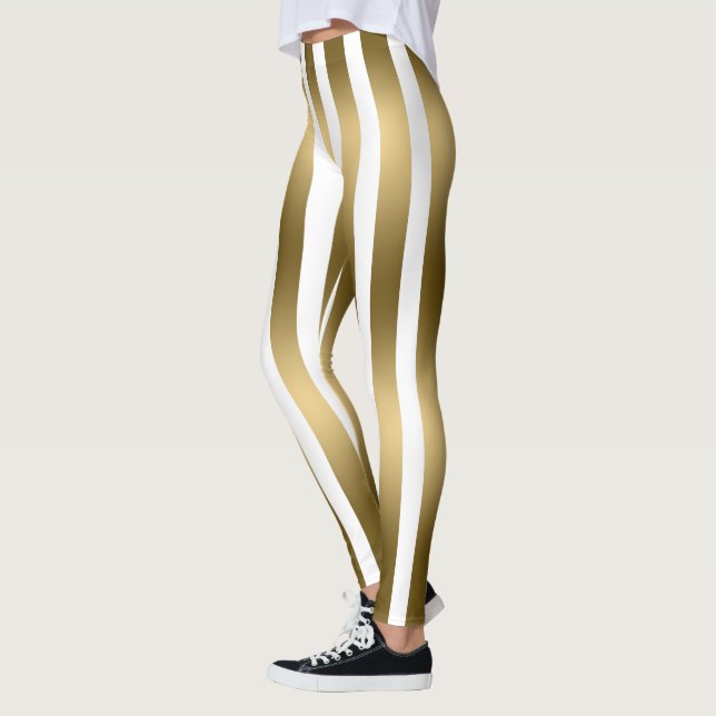Trendy Gold And White Vertical Stripes Leggings (Left)