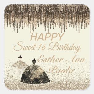 Trendy Gold Ball Gown Sweet 16 Birthday Drips Square Sticker