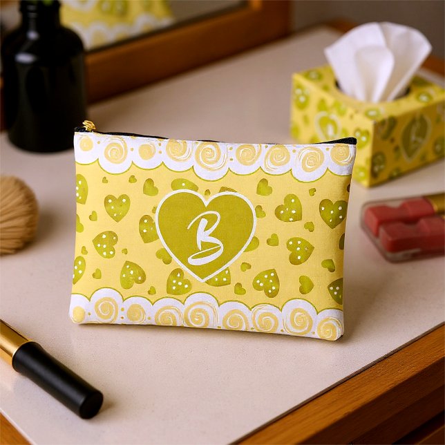 Trendy Gold Beig Hearts With Dots And Swirls Accessory Pouch (Gold and yellow custom little bag to store all those things you love to take with you everywhere.)