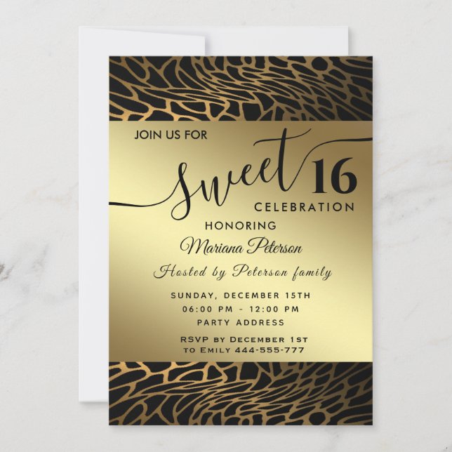 Trendy gold black abstract leopard sweet 16  invit invitation (Front)
