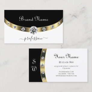 Trendy Gold Black and White Initials and Diamonds Business Card