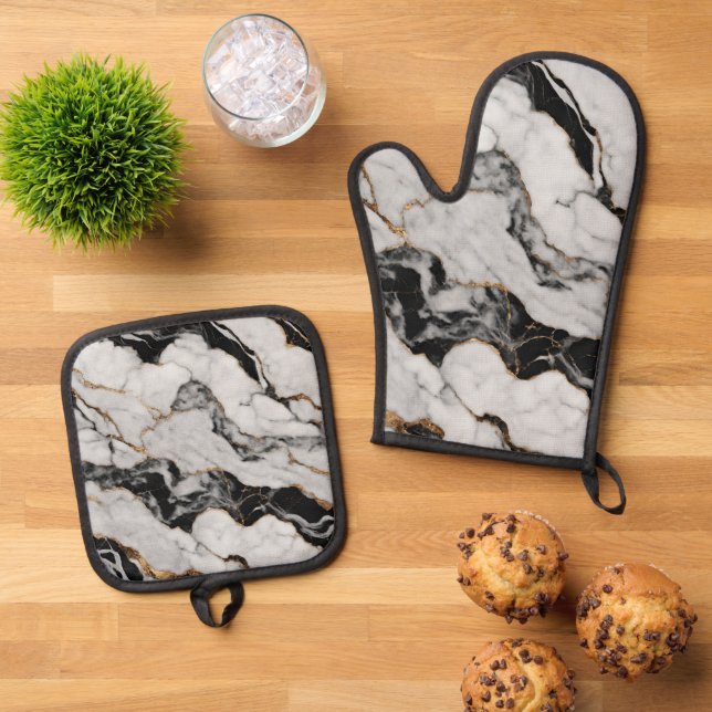 Trendy Gold Black and White Marble Oven Mitt & Pot Holder Set (Top Down)