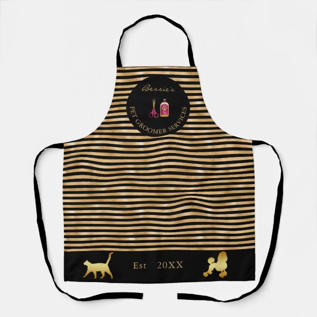 Trendy Gold & Black Pet Groomer Business Apron (Front)