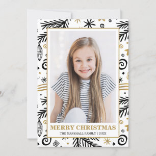 Trendy Gold Black White  Pines Christmas photo Invitation