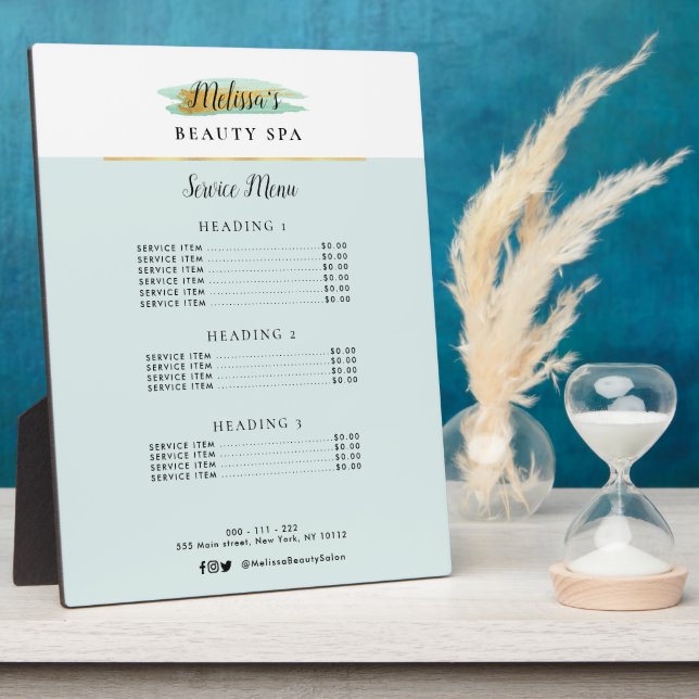 trendy gold blue beauty spa service menu plaque (Side)