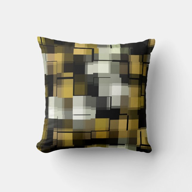 Trendy Gold Blue Black White Abstract Plaid Cushion (Front)