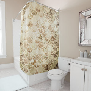 Trendy Gold Blush Ombre Glitter Mermaid Fish Scale Shower Curtain