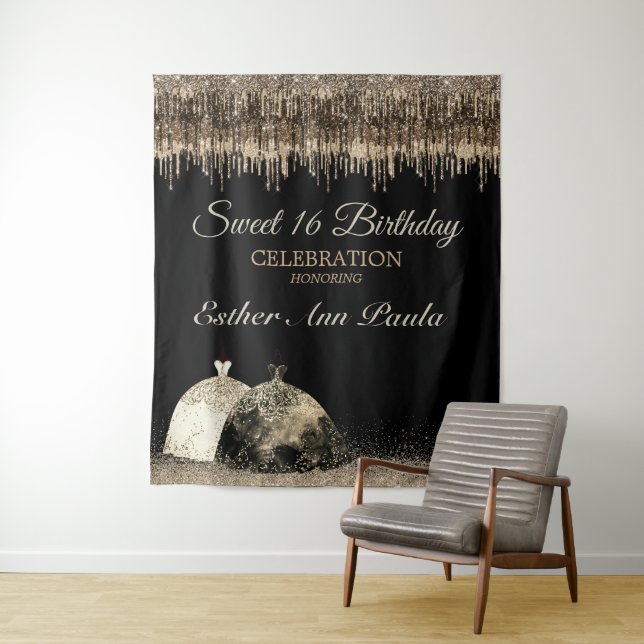 Trendy Gold Brown Drips Ballgown Sweet 16 Birthday Tapestry (In Situ)