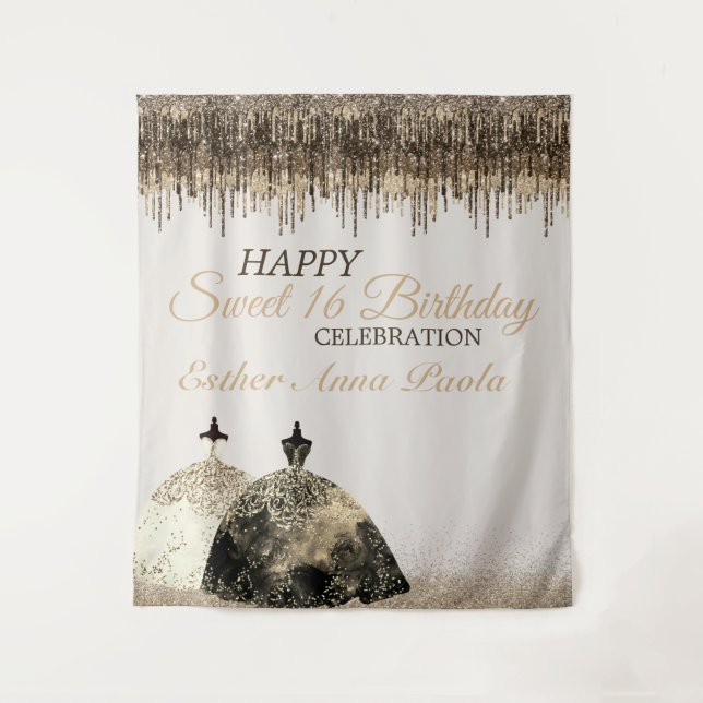 Trendy Gold Brown Drips Ballgown Sweet 16 Birthday Tapestry (Front)