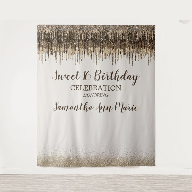Trendy Gold Brown Glam Drips Sweet 16 Birthday Tapestry (Front)