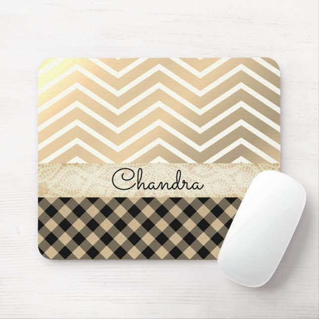 Trendy Gold Chevron Gingham         Mouse Mat (With Mouse)