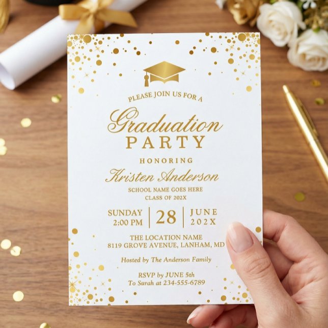 Trendy Gold Confetti Dots Graduation Party Photo Invitation (Creator Uploaded)