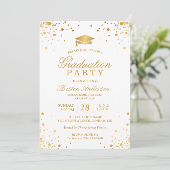 Trendy Gold Confetti Dots Graduation Party Photo Invitation (Standing Front)