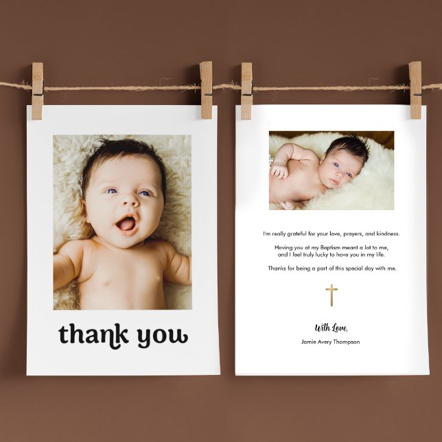 Trendy Gold cross Modern 2 Baby Photos Baptism Thank You Card (Trendy Typography Baby baptism thank you with gold cross and 2 photos)
