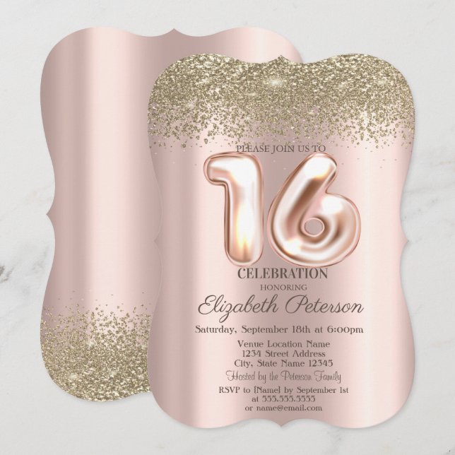 Trendy Gold Diamonds Rose Gold Sweet 16 Invitation (Front/Back)