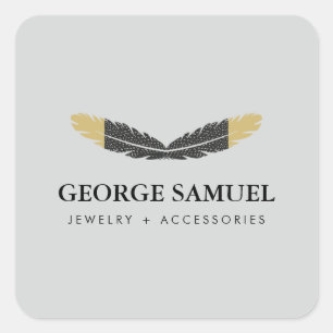 Trendy Gold Dipped Boho Feather Designer Gray Square Sticker