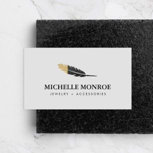 Trendy Gold Dipped Boho Feather Designer Grey Business Card