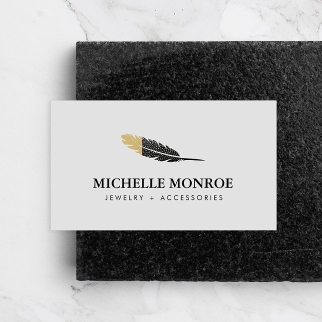 Trendy Gold Dipped Boho Feather Designer Grey Business Card (Creator Uploaded)