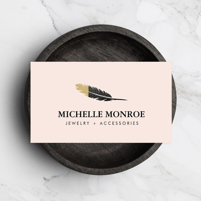 Trendy Gold Dipped Boho Feather Designer Pink Business Card (Creator Uploaded)