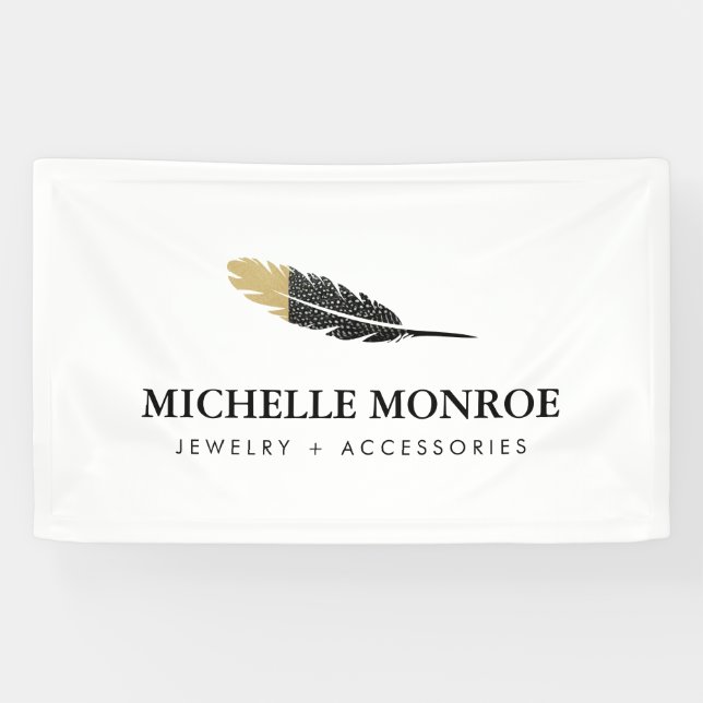 Trendy Gold Dipped Boho Feather Designer White Banner (Horizontal)