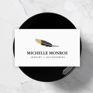 Trendy Gold Dipped Boho Feather Designer White Business Card