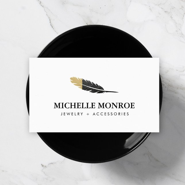 Trendy Gold Dipped Boho Feather Designer White Business Card (Creator Uploaded)