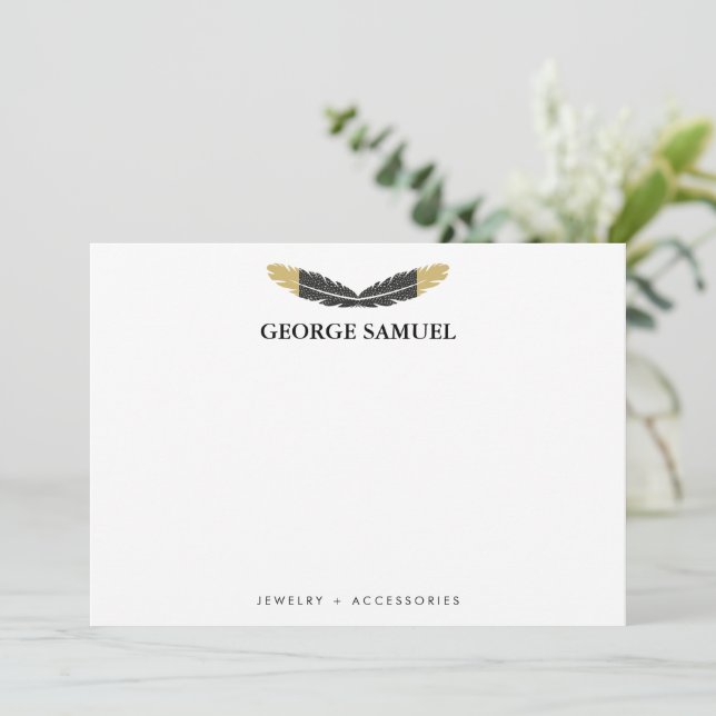 Trendy Gold Dipped Boho Feather Designer White Card (Standing Front)