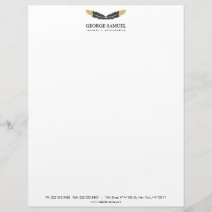 Trendy Gold Dipped Boho Feather Designer White Custom Letterhead
