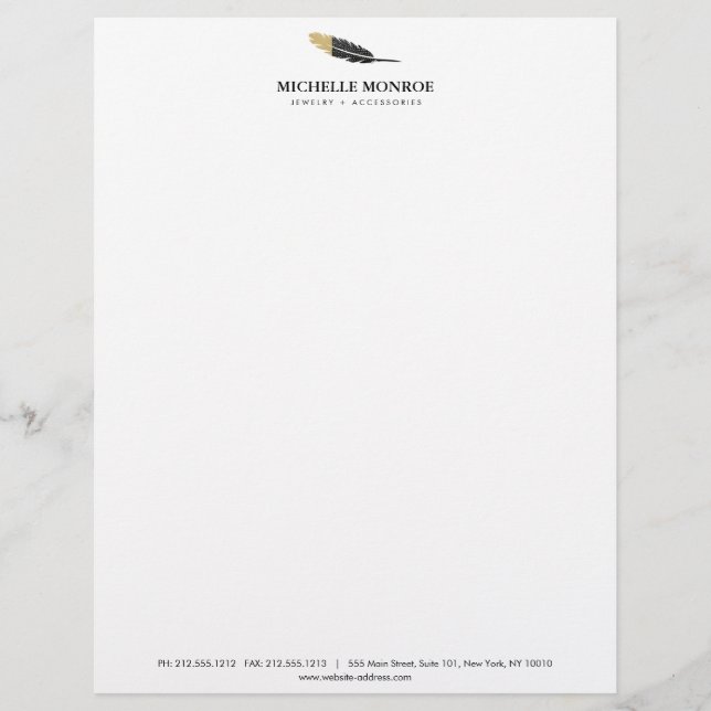 Trendy Gold Dipped Boho Feather Designer White Letterhead Design (Front)