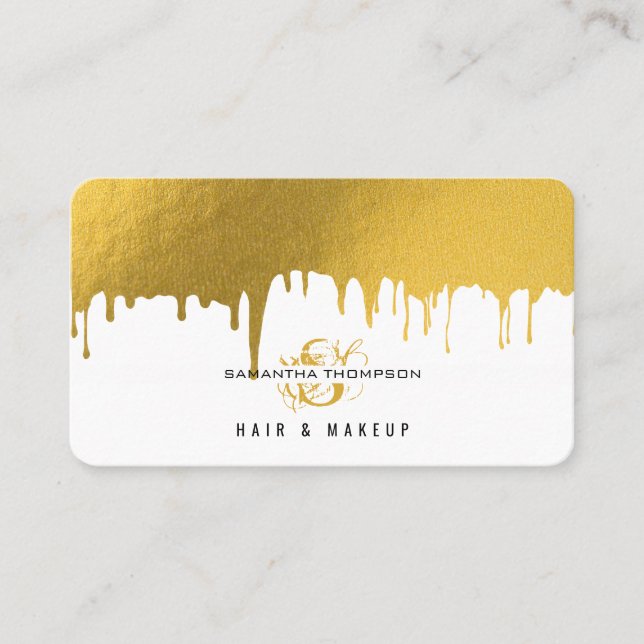 Trendy Gold Drips Hair & Makeup Artist Business Card (Front)