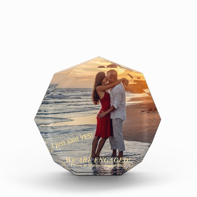 Trendy Gold Engagement Announcement Couple Photo Block (Front)