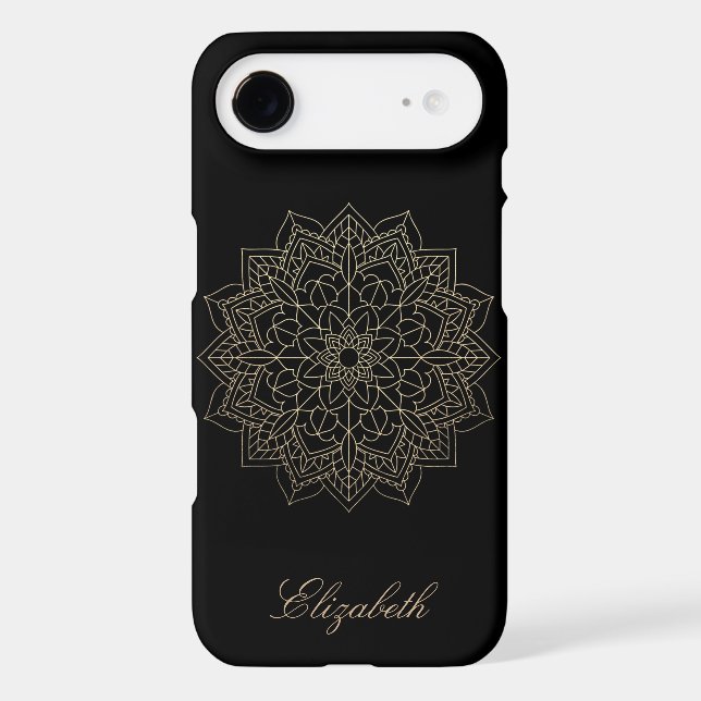 Trendy Gold Floral Mandala, Black -Personalized (Back)