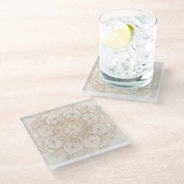 Trendy Gold Floral Mandala Marble Design Glass Coaster (Angled)