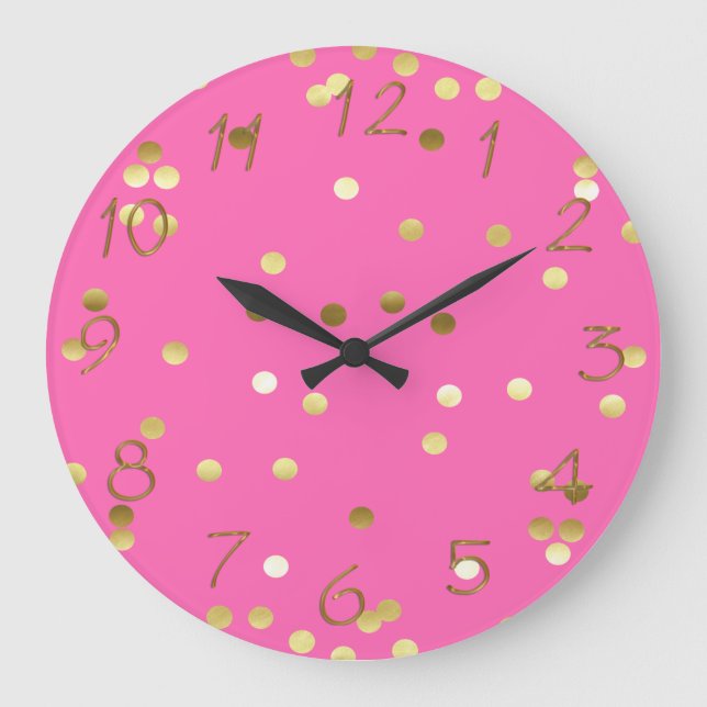 Trendy Gold Foil Confetti Hot Pink Large Clock (Front)