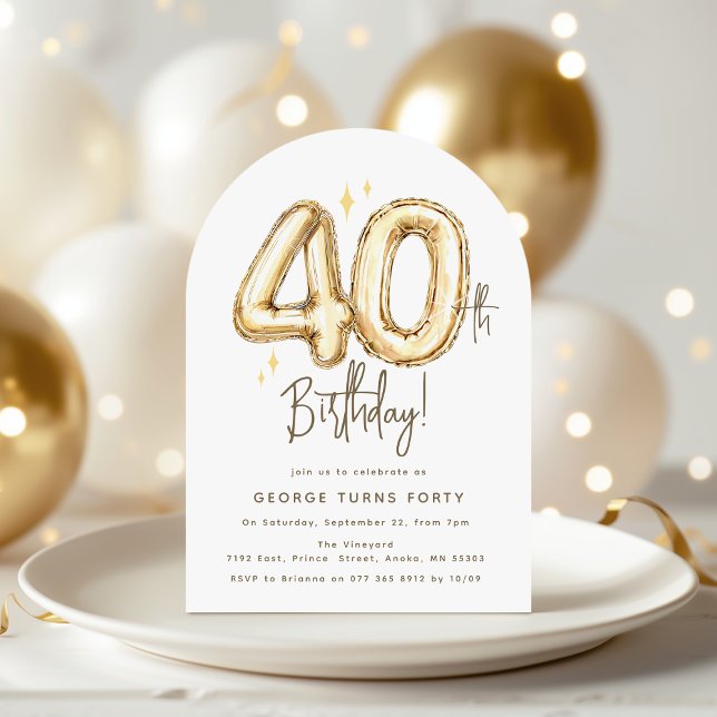 Trendy Gold Forty Balloons 40th Birthday Party Invitation (Creator Uploaded)