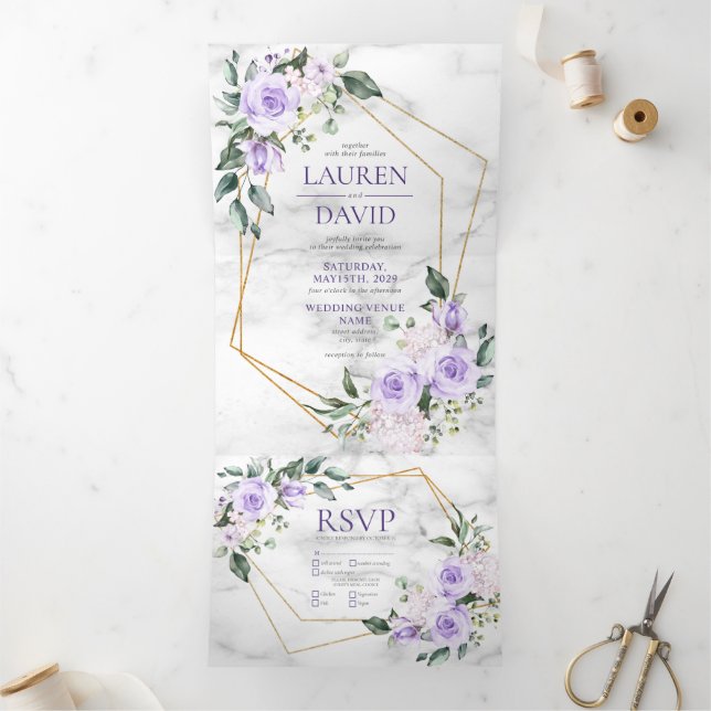 Trendy Gold Geometric Lilac Floral Marble Tri-Fold Invitation (Inside)