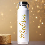 Trendy Gold Girls Name Handwritten Script Custom Water Bottle<br><div class="desc">A cute personalised gold monogram water bottle for a girl who loves simple,  handwritten gifts. Beautiful cursive script down the side of your bottle spelling out your name.</div>