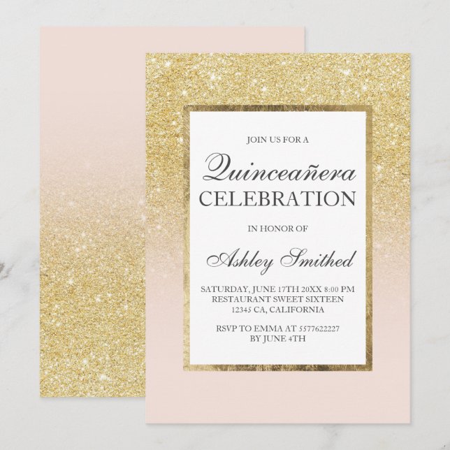 Trendy gold girly glitter elegant chic Quinceañera Invitation (Front/Back)
