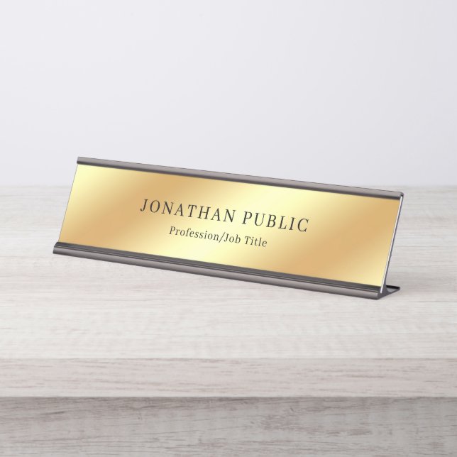 Trendy Gold Glamour Template Modern Elegant Black Desk Name Plate (Front)