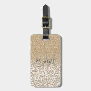 Trendy Gold Glitter and Leopard Print Gradient Luggage Tag