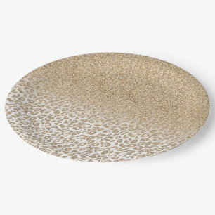 Trendy Gold Glitter and Leopard Print Gradient Paper Plate
