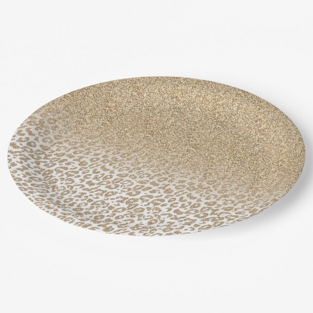 Trendy Gold Glitter and Leopard Print Gradient Paper Plate (Angled)