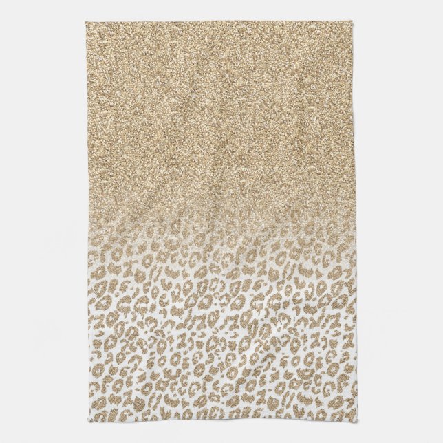Trendy Gold Glitter and Leopard Print Gradient Tea Towel (Vertical)