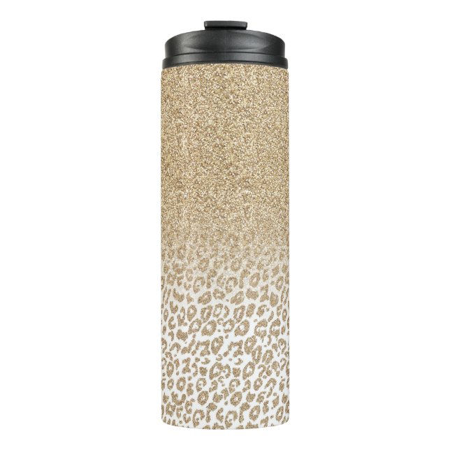 Trendy Gold Glitter and Leopard Print Gradient Thermal Tumbler (Front)