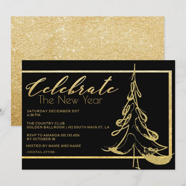 Trendy Gold Glitter Christmas Tree New Year Party Invitation (Front/Back)