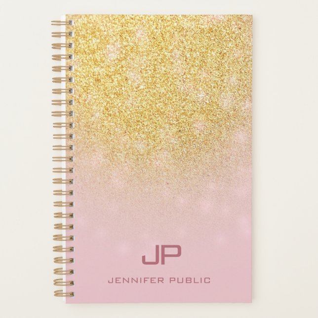 Trendy Gold Glitter Elegant Modern Monogram Name Planner (Front)