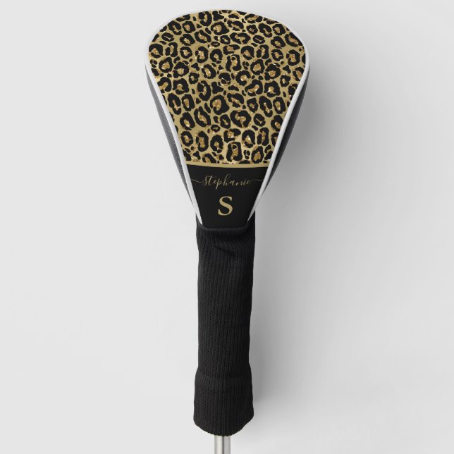 Trendy Gold Glitter Leopard Animal Print Monogram Golf Head Cover (Front)